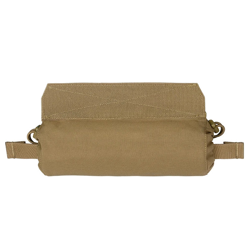 Tan tactical pouch with straps on a white background