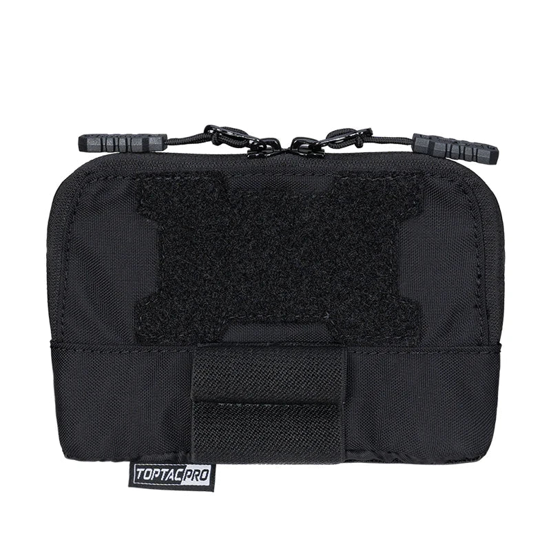 Black tactical pouch with multiple pockets and a zipper