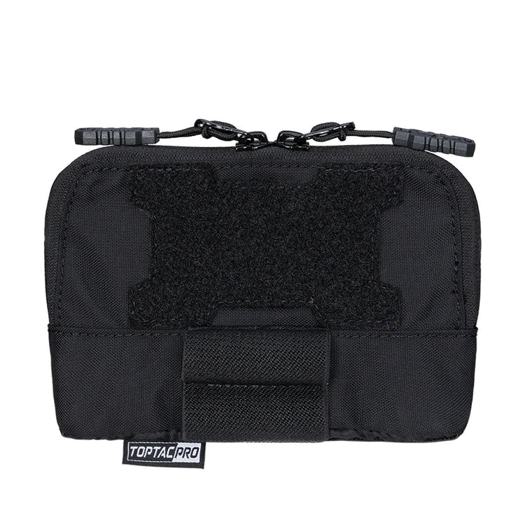 Black tactical pouch with multiple pockets and a zipper