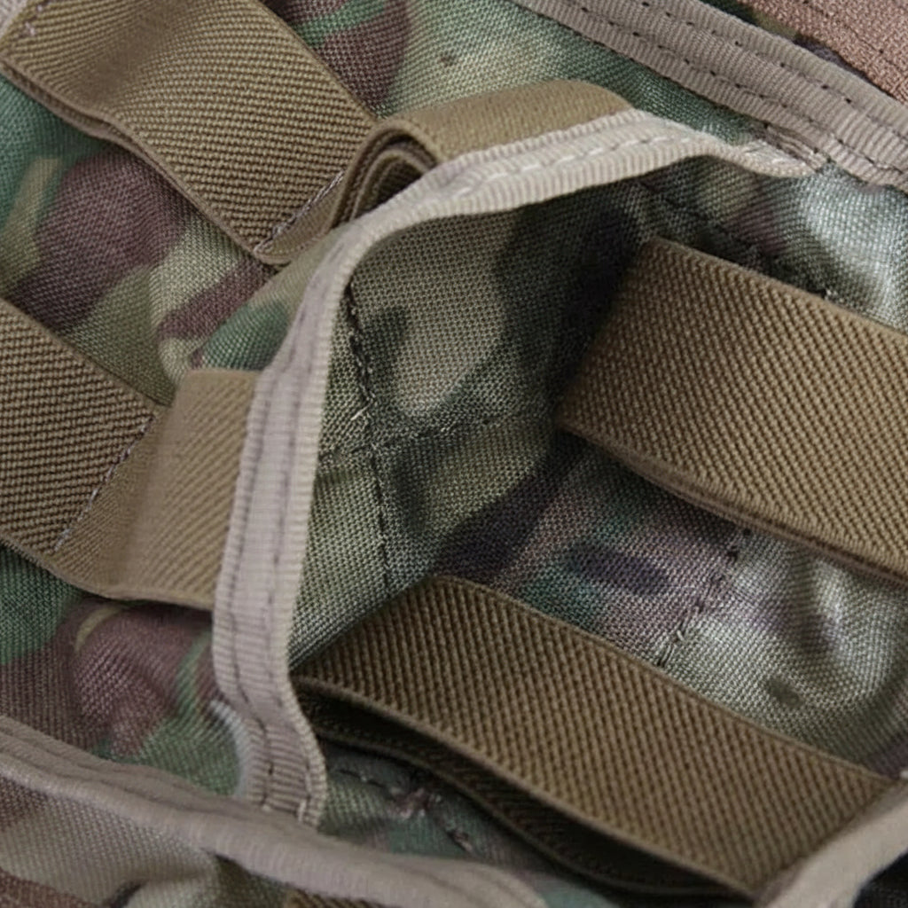 Close-up of camouflage fabric with visible stitching.