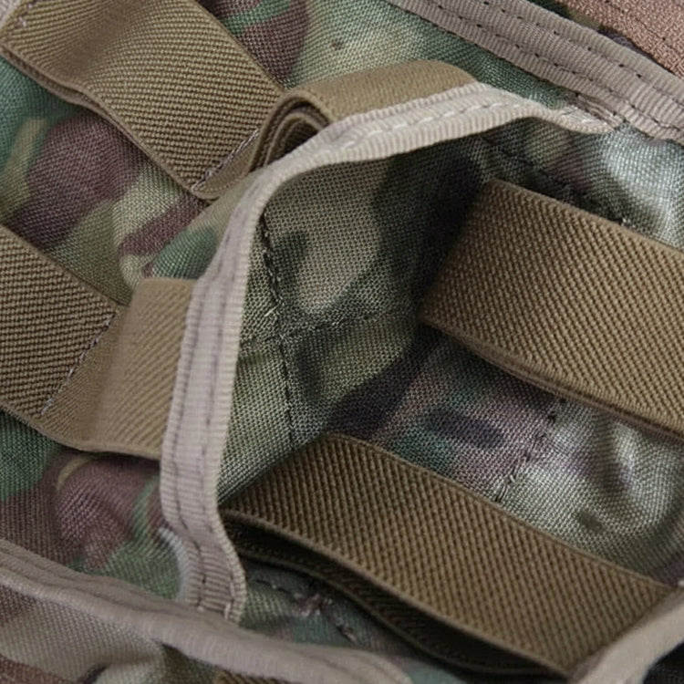Close-up of camouflage fabric with visible stitching.