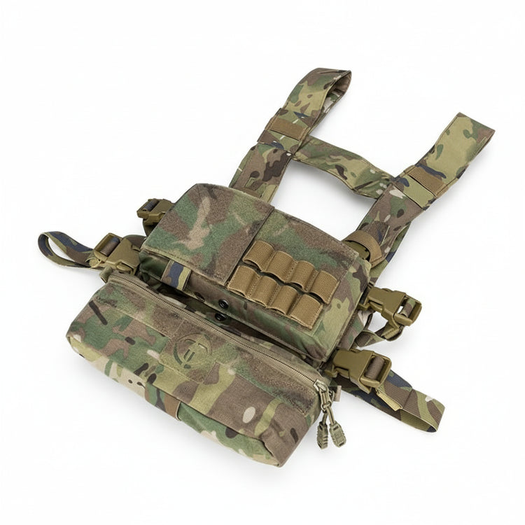 Camouflage tactical vest with multiple pouches and straps on a white background.