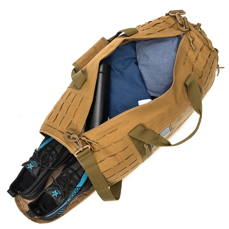 Tan tactical backpack with compartments containing a shoe, clothes, and a bottle on a white background