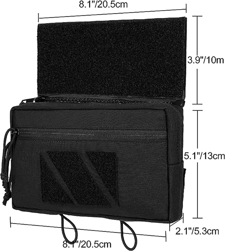 Black tactical pouch with measurements on a white background