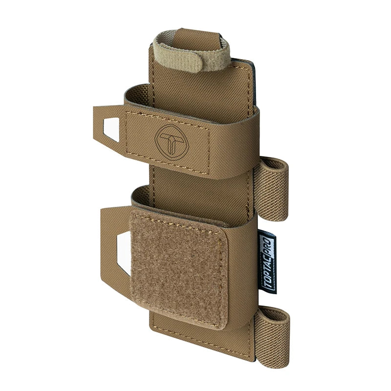 Tan tactical pouch with multiple straps on a white background