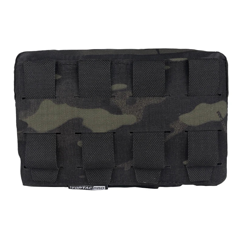 Black tactical pouch with camouflage pattern on a white background.