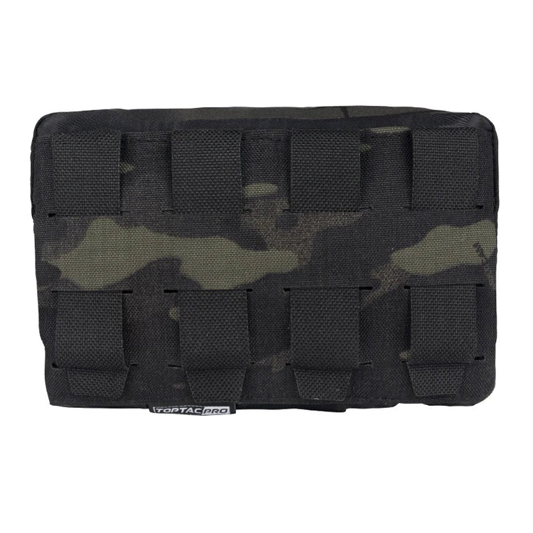 Black tactical pouch with camouflage pattern on a white background.