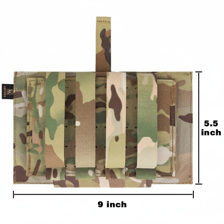 Camouflage pouch with dimensions labeled on a white background