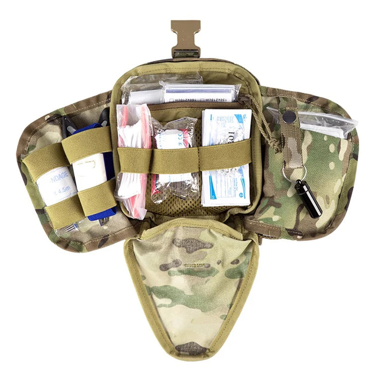 Camouflage medical kit with various supplies on a white background