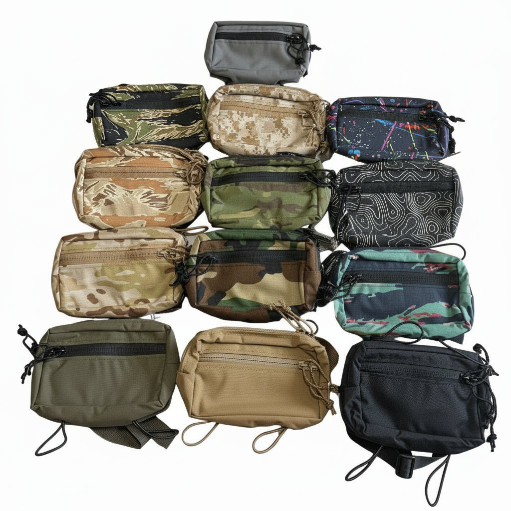 Collection of various pouches with different patterns and colors on a white background