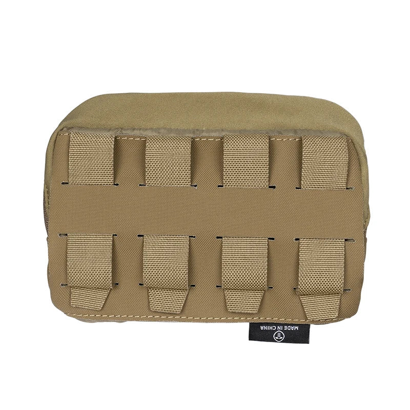 Tan tactical pouch with multiple MOLLE straps on a white background