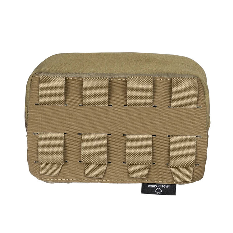 Tan tactical pouch with multiple MOLLE straps on a white background