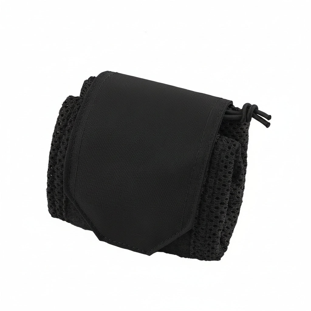 A black Mesh Dump Pouch with a foldable design on a white background