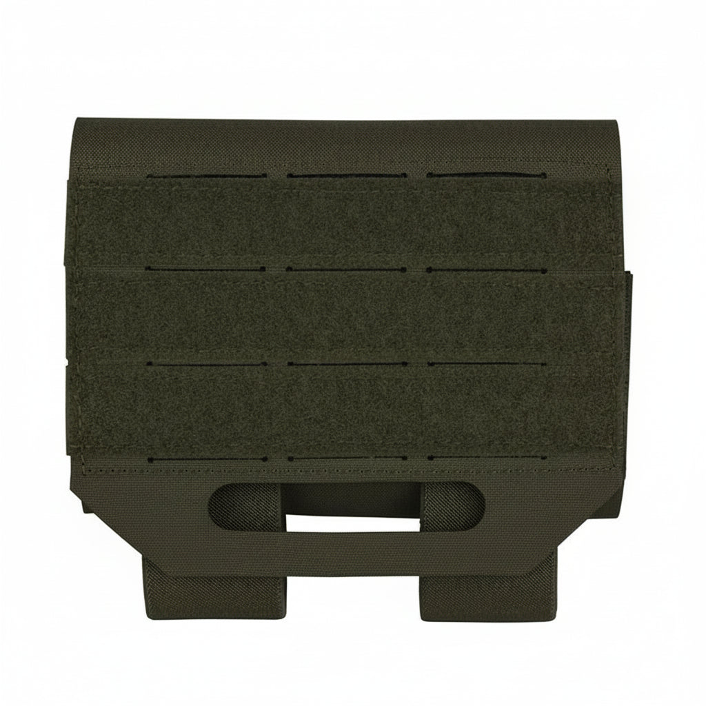 Dark green tactical magazine holder on a white background