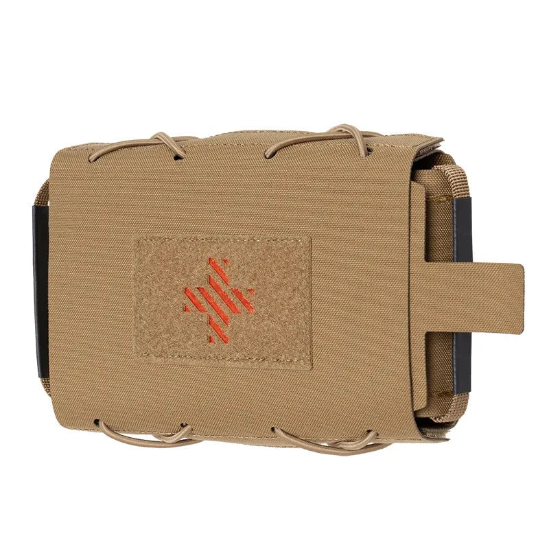 Tan tactical pouch with red logo on a white background