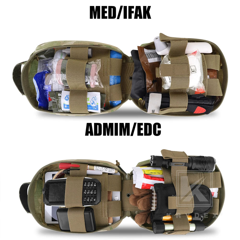 Two tactical pouches with medical supplies and portable tools on a white background