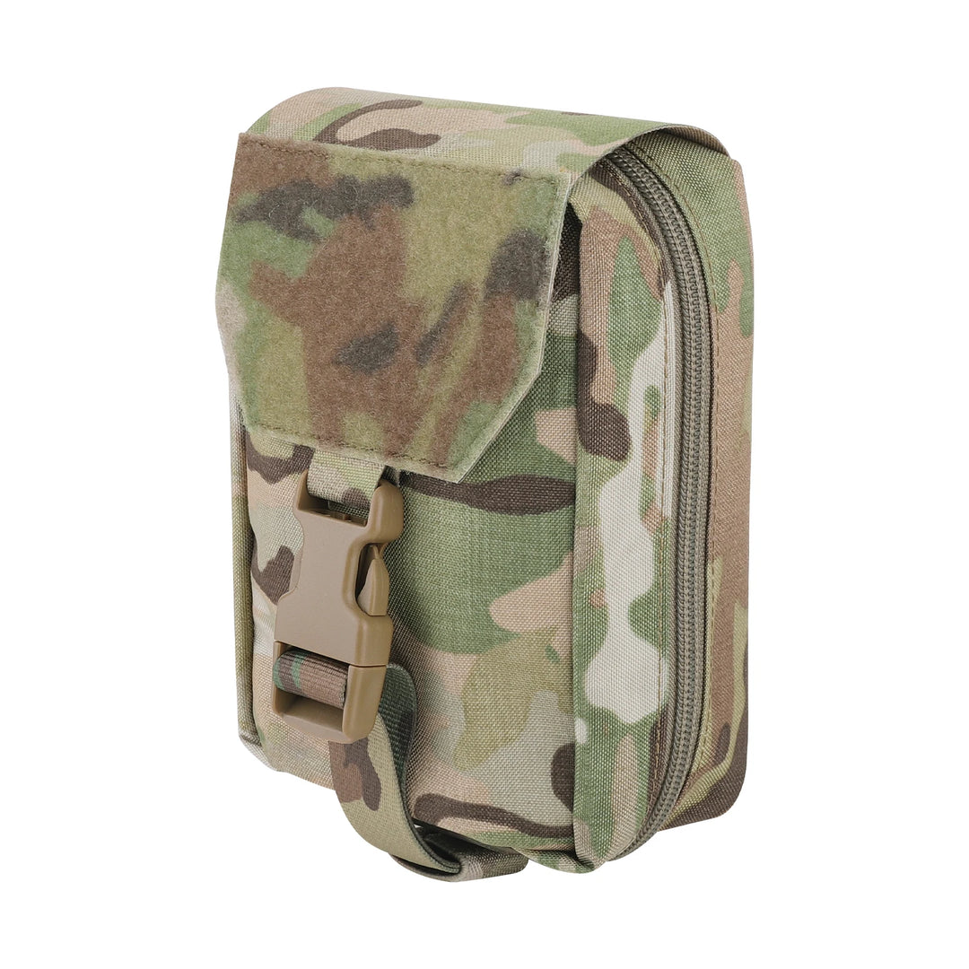 Multicam Camouflage tear away aid pouch with a buckle on a white background