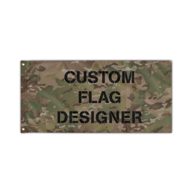 A custom flag with camouflage pattern and the text 'CUSTOM FLAG DESIGNER' displayed across the middle.
