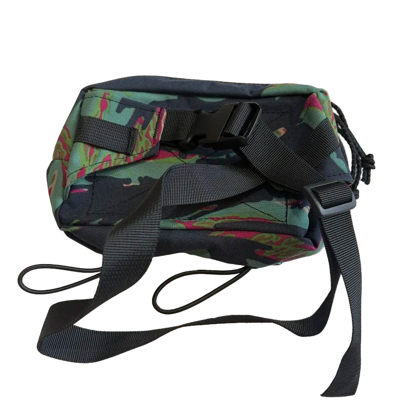 Multicolored camouflage Crossbody Waist Bag Fanny Pack with black straps on a white background