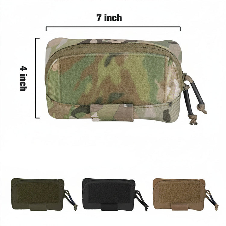Camouflage pouch with measurements and color options displayed