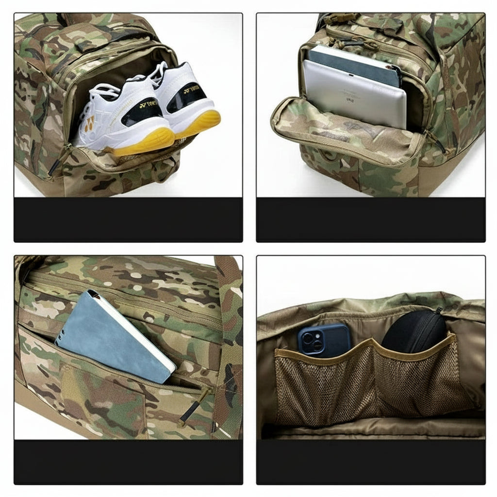 Multicam Camouflage backpack with compartments for shoes, tablet, phone, and sunglasses.
