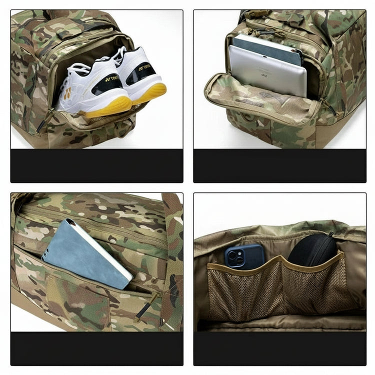 Multicam Camouflage backpack with compartments for shoes, tablet, phone, and sunglasses.