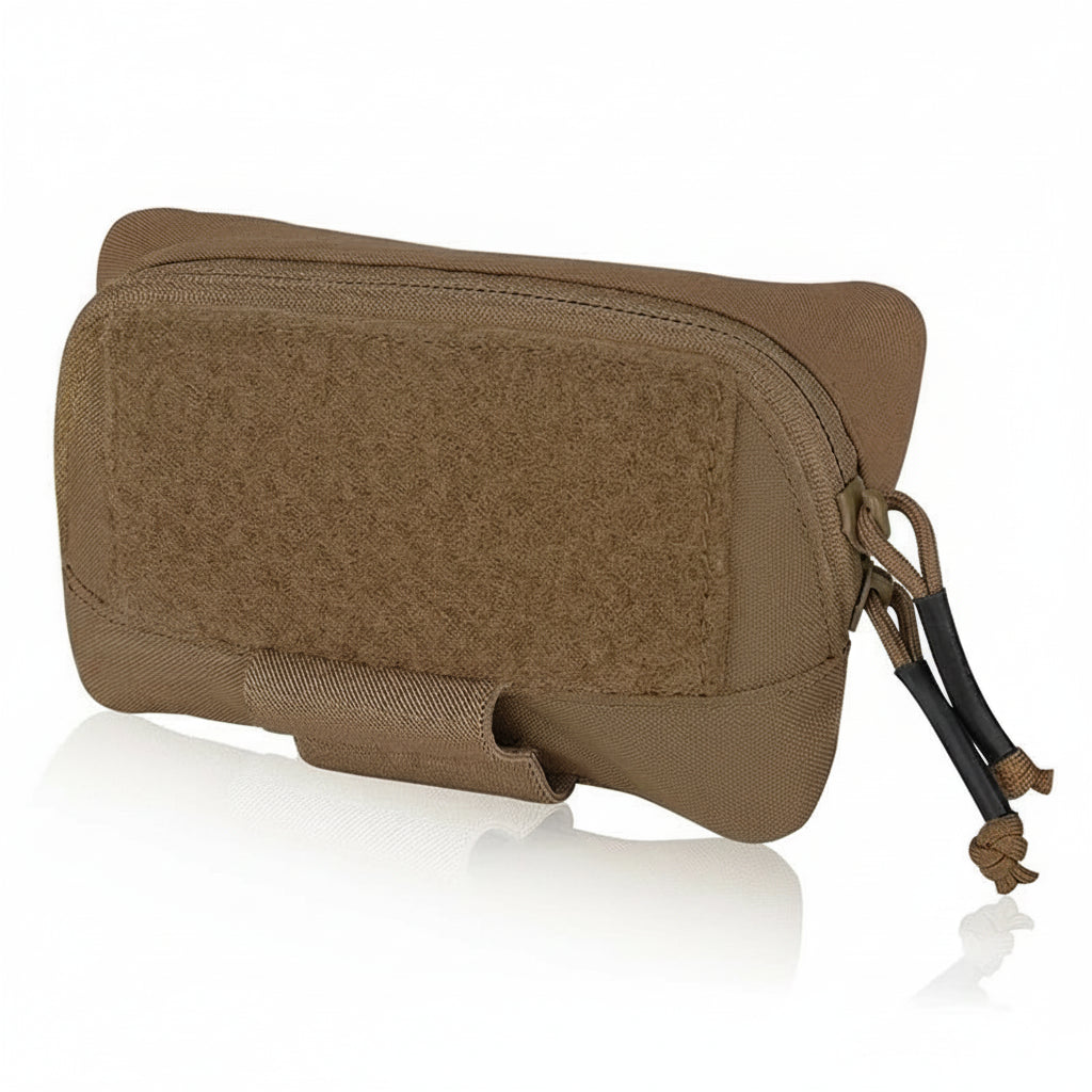 Brown tactical pouch with a visible brand logo on a white background