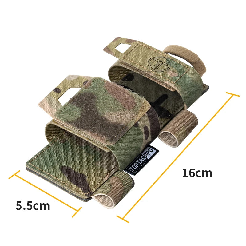 Camouflage tactical pouch with measurements on a white background