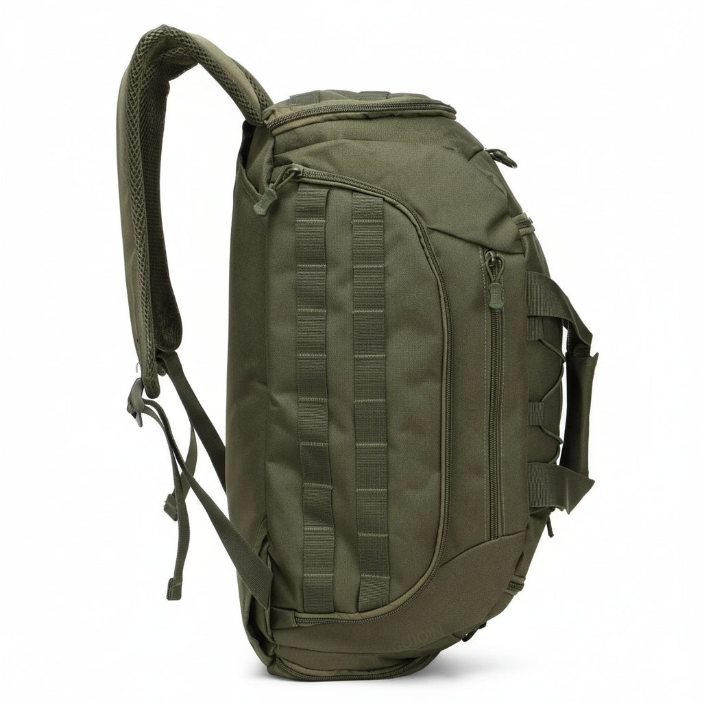 Green tactical backpack on a white background