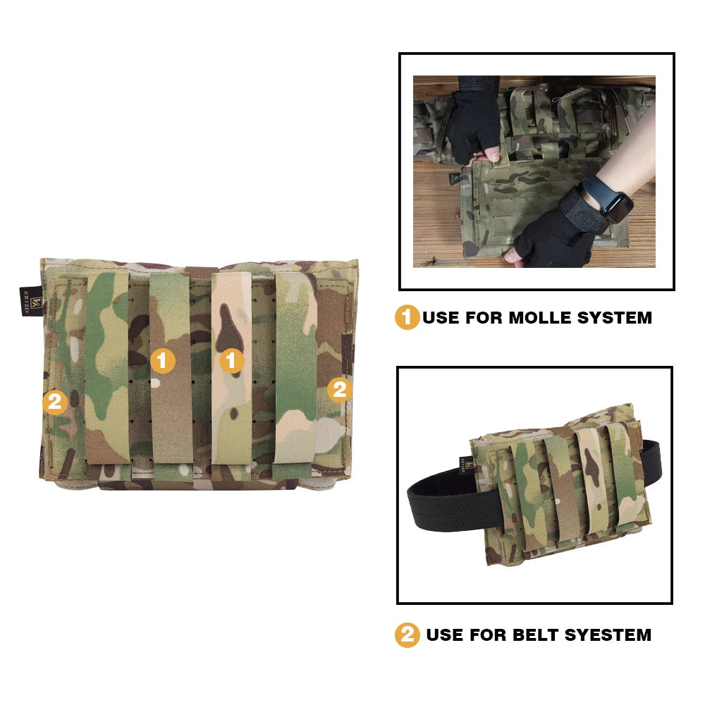 Camouflage Molle system pouch with instructions on two ways of wearing and usage.