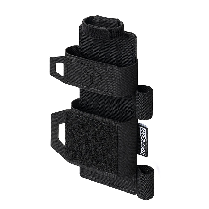 Black tactical magazine pouch with multiple straps on a white background