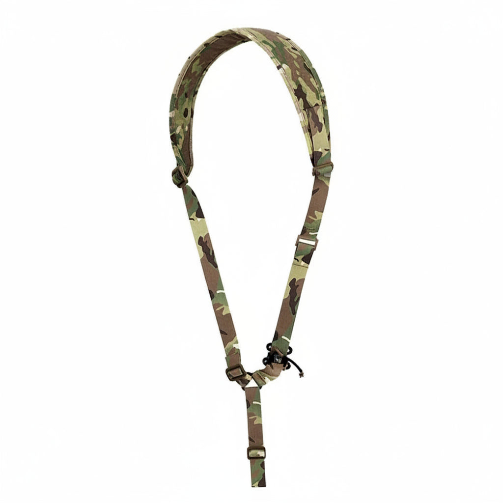 Multicam-patterned rifle sling on a white background