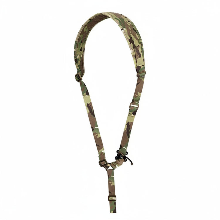 Multicam-patterned rifle sling on a white background