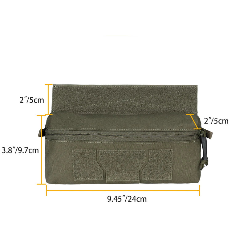 Green pouch with measurements on a white background