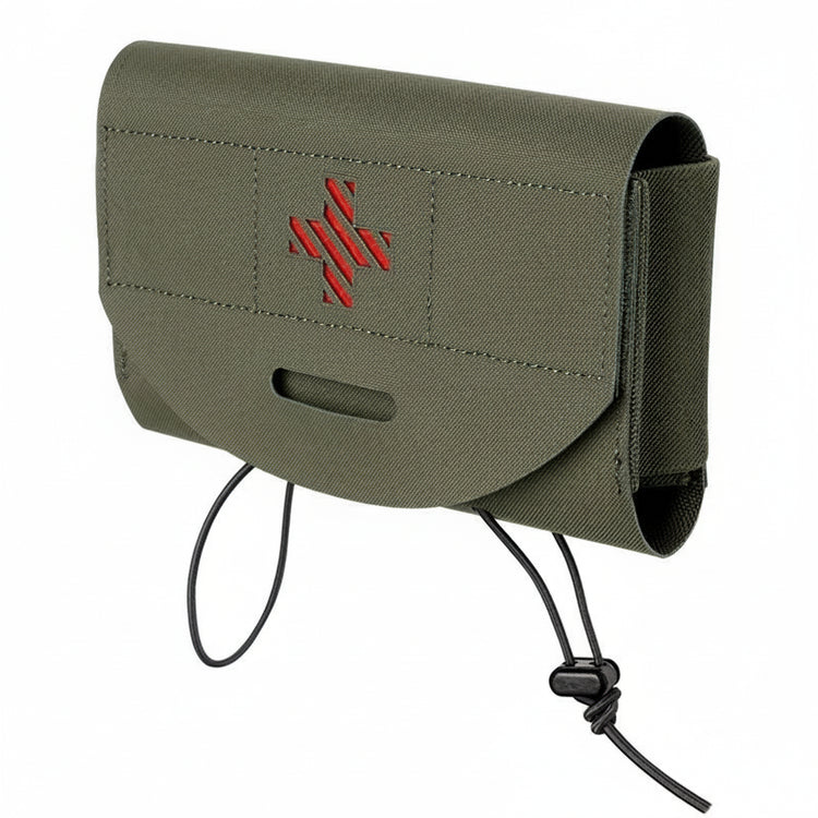 Green tactical pouch with red cross on a white background