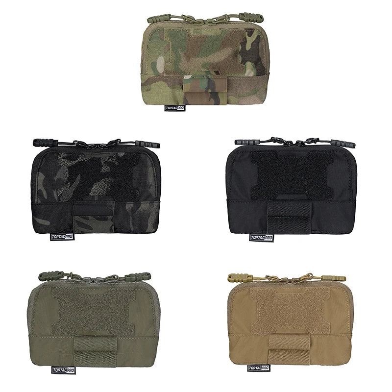 Five tactical pouches in different colors on a white background.