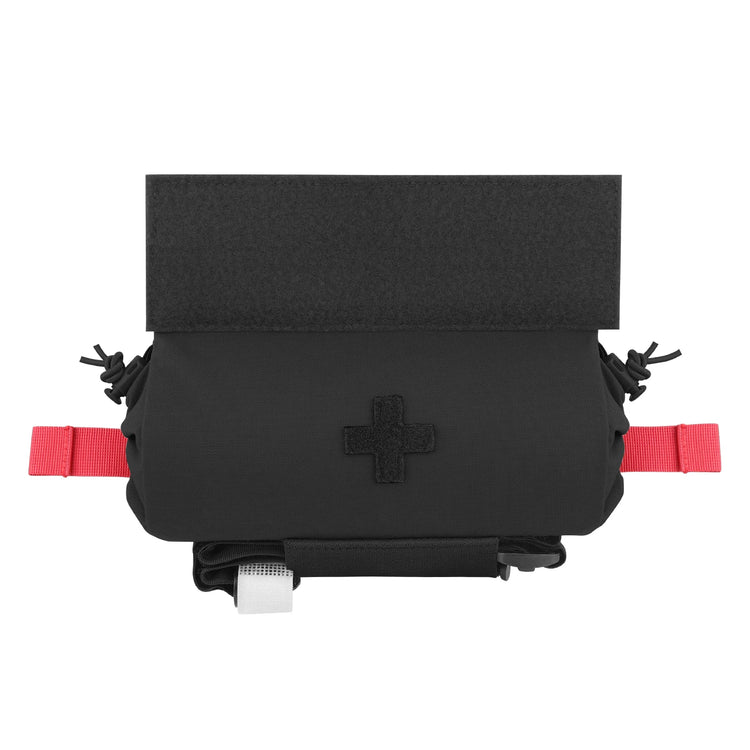Black Roll Up IFAK Pouch with red straps and a central plus logo on a white background