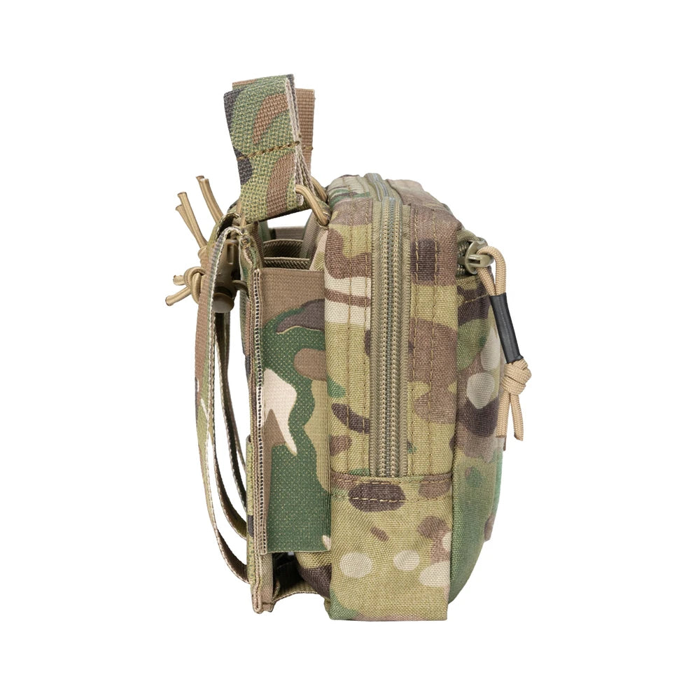 Camouflage tactical pouch with multiple compartments on a white background