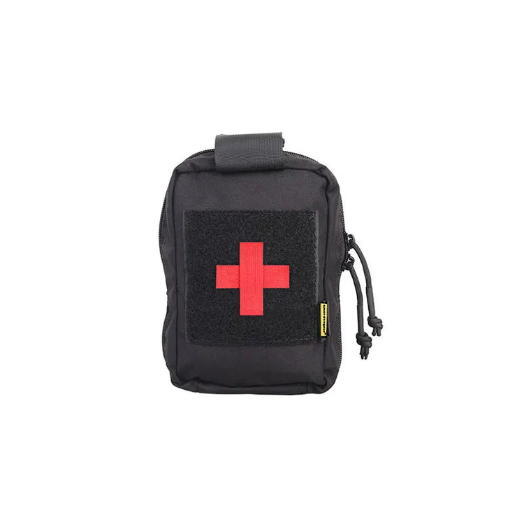 Black tactical pouch with red cross on a white background.