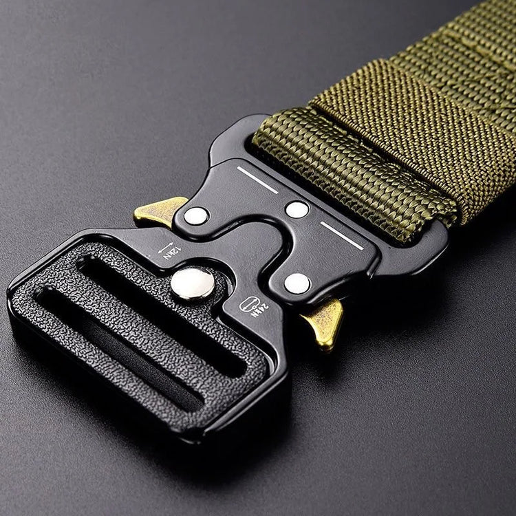 Green belt with a black buckle on a dark gray background