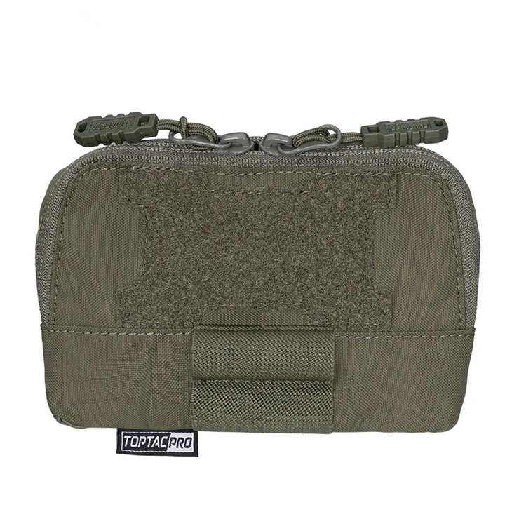 Green tactical pouch with multiple zippers and patches on a white background.