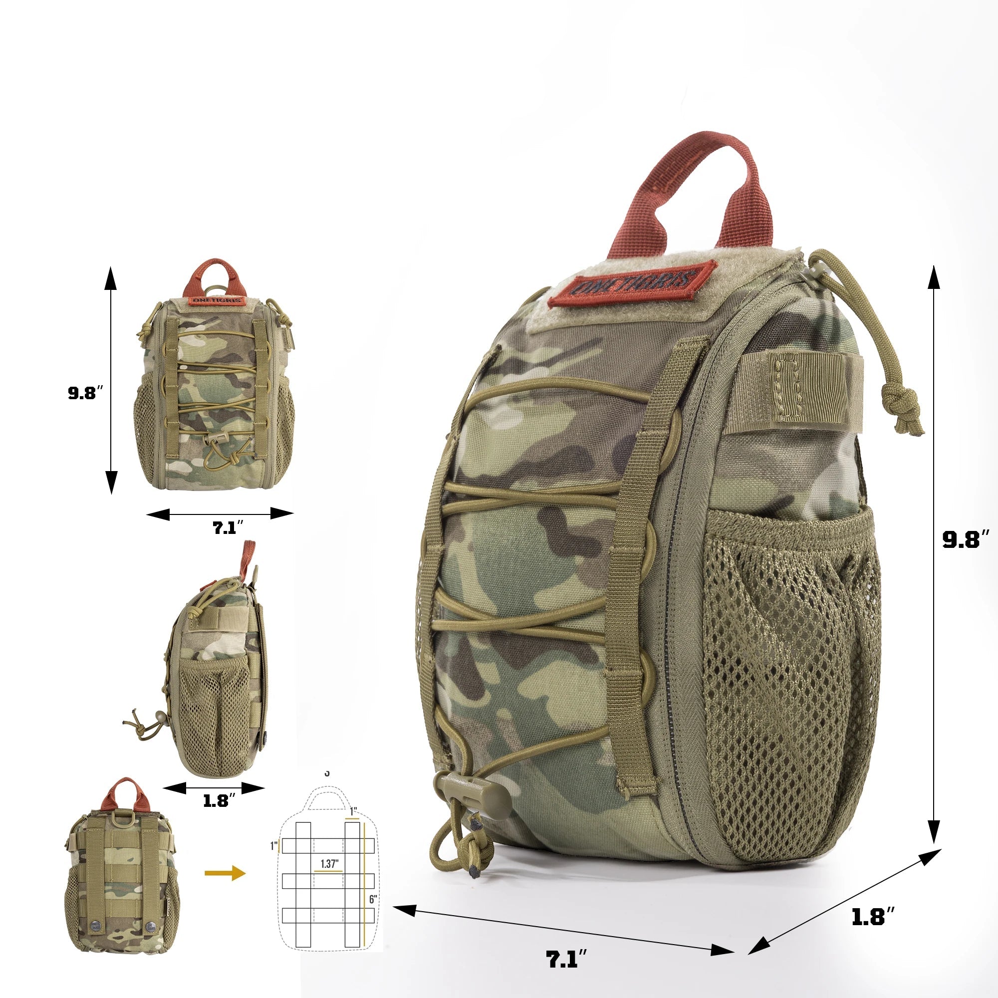 Camouflage IFAK pouch with dimensions and features on a white background