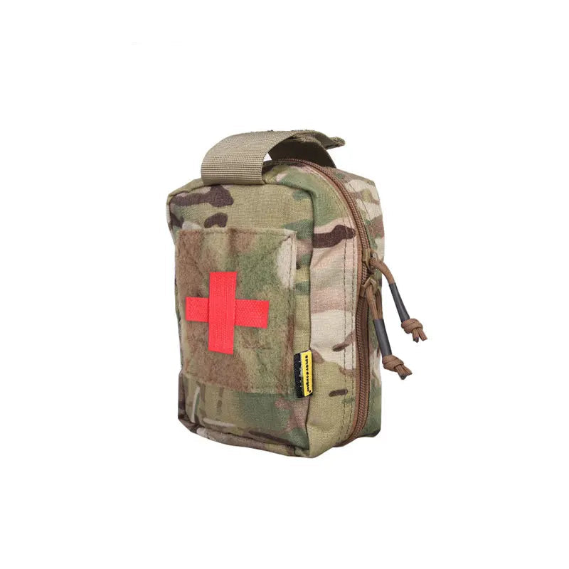 Camouflage medical pouch with red cross on a white background.