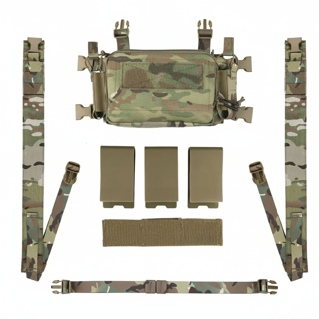 Multicam Camouflage chest rig pouch with straps and panels on a white background