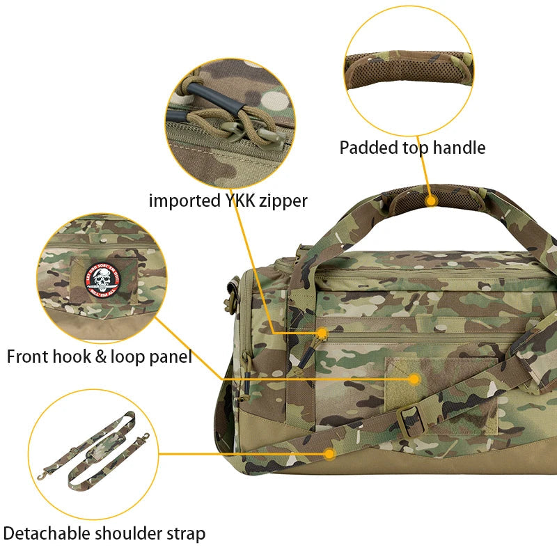 Multicam Camouflage bag with labelled features on a white background