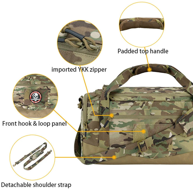 Multicam Camouflage bag with labelled features on a white background