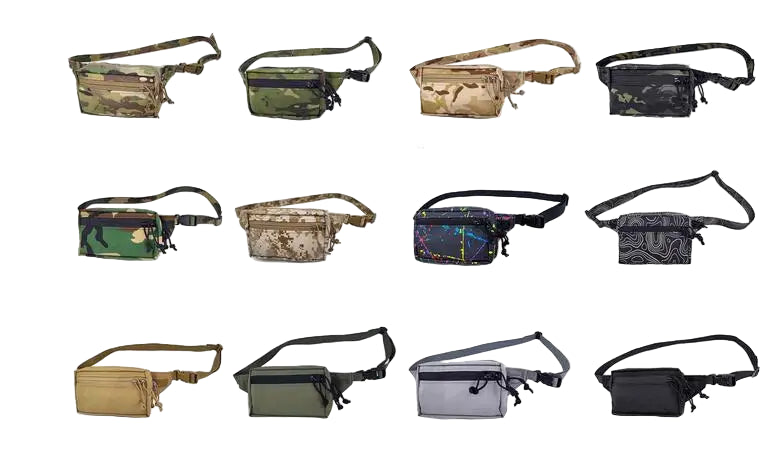 Collection of various camouflage-patterned Crossbody Waist Bag Fanny Pack on a white background