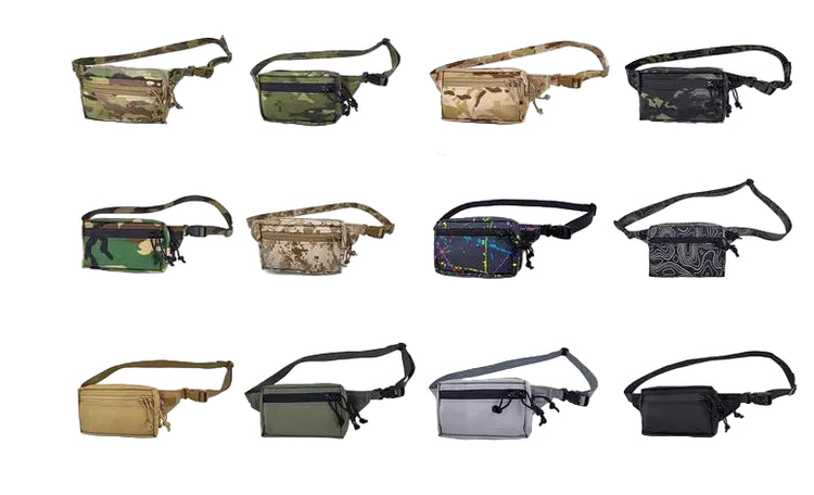 Collection of various camouflage-patterned Crossbody Waist Bag Fanny Pack on a white background