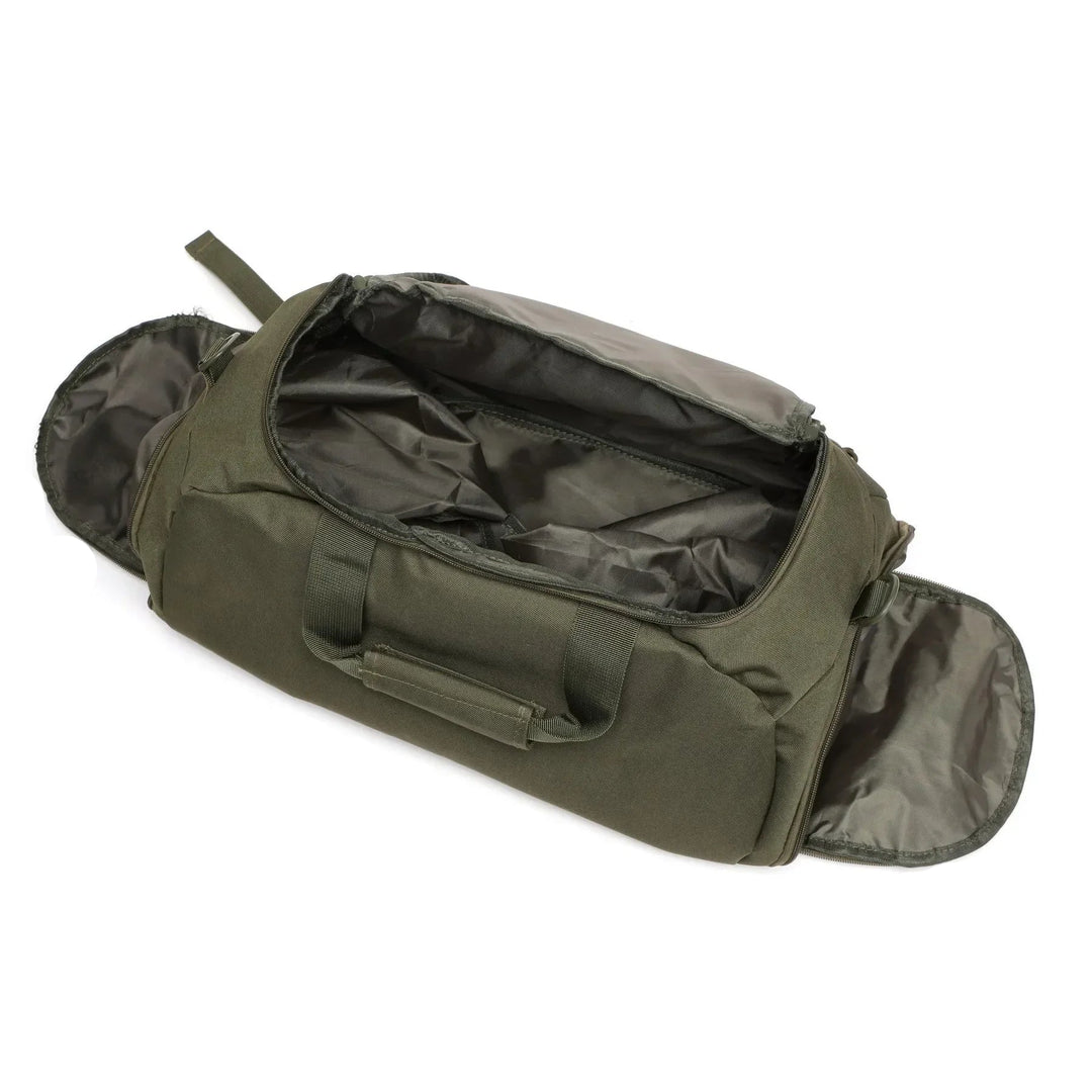 Green duffel bag with open top on a white background