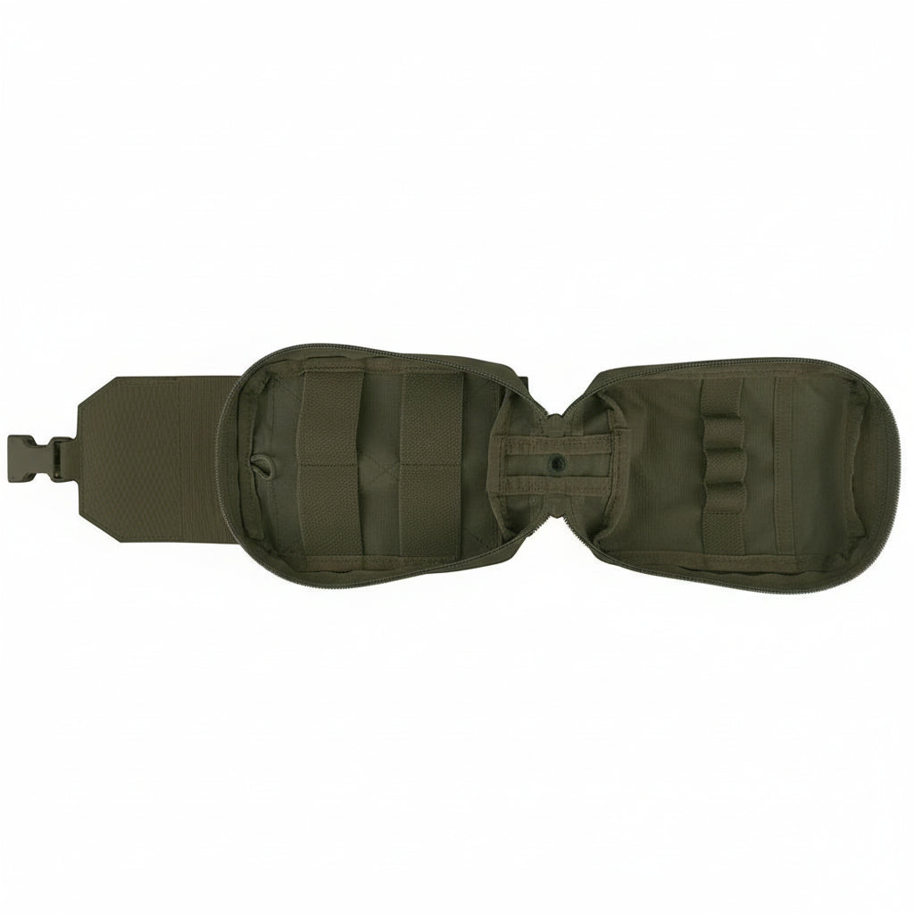 Green tactical aid pouch with elastic straps on a white background